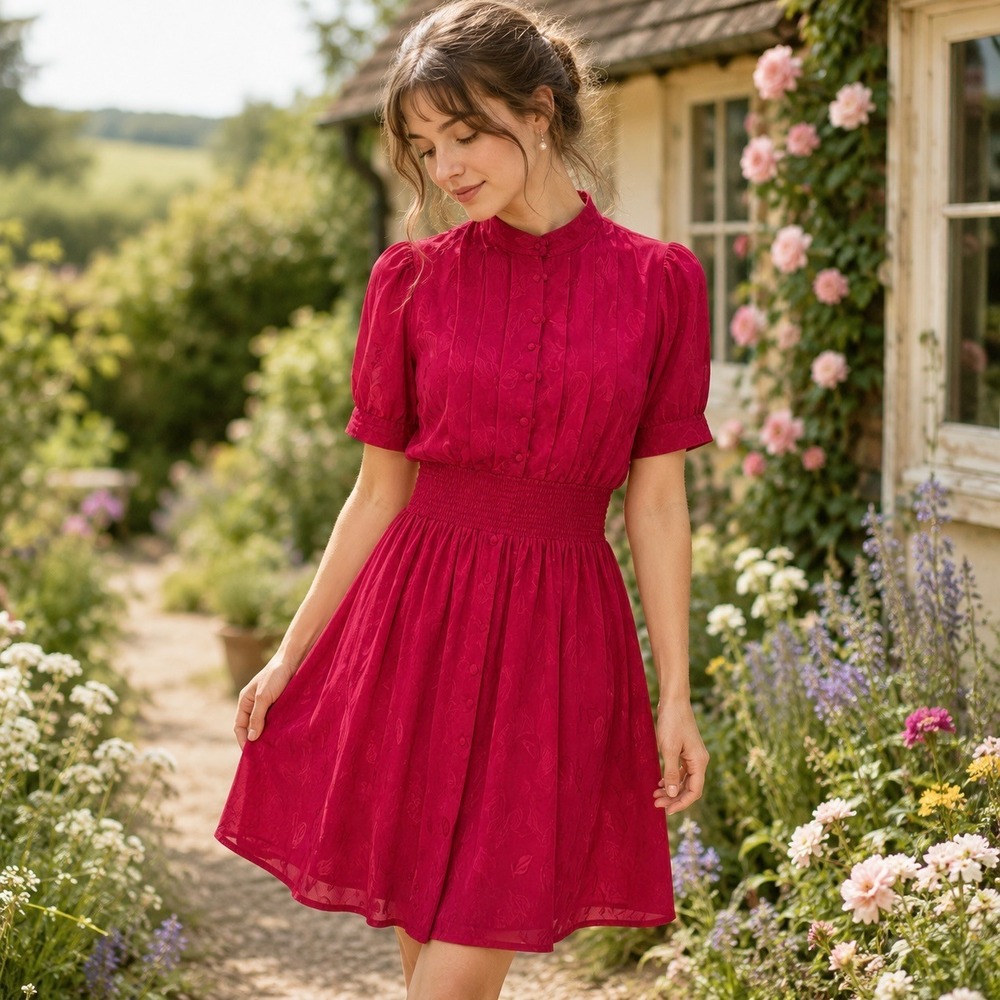 Anthropologie Maple 100% Silk Red Leaf Jacquard Retro Dress Romantic Coquette 0